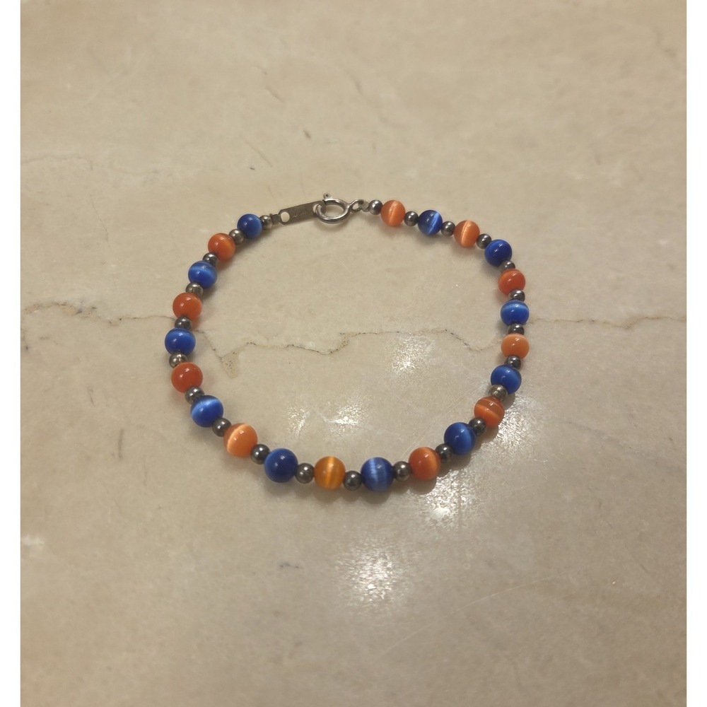 Sterling Silver & Cats‎ Eyes Beaded Bracelet Orange & Blue Florida Gators 7.25"